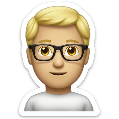 a man with blond hair with black glasses, small smile, with the body sticker
