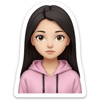 A pretty girl with light skin and long straight black brown hair, wearing a very light pink basic hoodie with brown eyes and makeup and a round face sticker