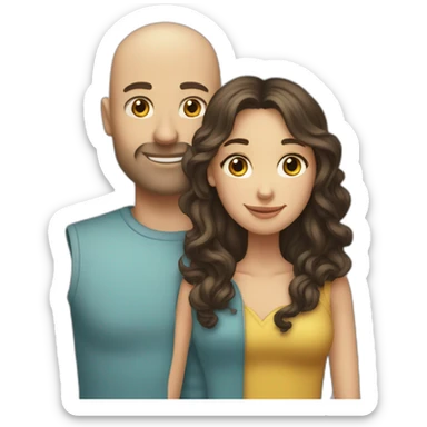 caucasian bald man and a caucasian woman with long curly dark hair and bangs hugging sticker
