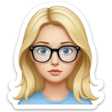 Nữ 25 tuổi, da trắng, tóc dài hơi xoăn nhẹ màu vàng, gọng kính màu đen, mắt kính màu xanh dương nhẹ, trong suốt nhìn thấy mắt, mặt nghiêm túc sticker