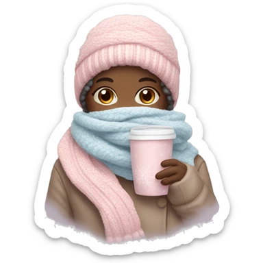 Create a cozy, feminine winter-themed emoji with pastel colors like pink and light blue. Include elements like a hot chocolate cup, scarf, sweater, and snowflakes, giving a warm, inviting winter vibe. sticker
