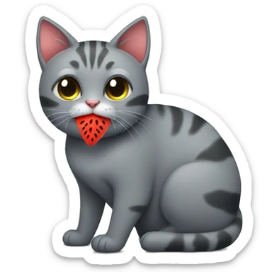À grey cat eating watermelon sticker