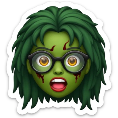 crie um emoji de zumbi feminino, com pele verde, óculos preto e cabelos pretos longos sticker