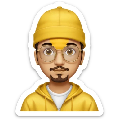 Ali G from Ali G Indahouse with brown eyes, dark brown hair, gold outfit, yellow glasses and hat sticker