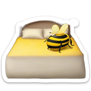 A bed with a giant bee on with a smiley face pillow sticker