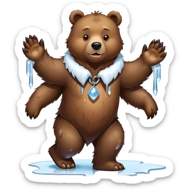 Natural looking brown bear walking on four paws, wearing a thick collar made of clear ice with sharp icicles dangling from it, like a large dog collar shape sticker