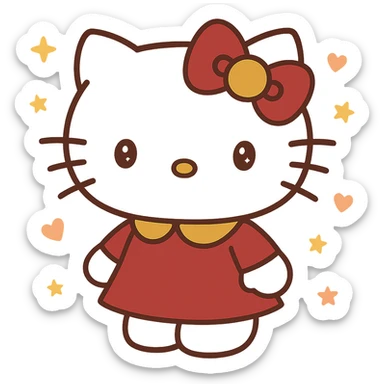 Hello Kitty Autumn Style, with a burgundy and metallic gold bow, and a matching outfit sticker