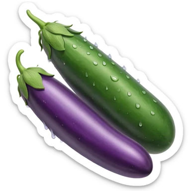 Detailed dripping wet long cucumber shaped eggplant with two small round eggplants attached underneath  sticker