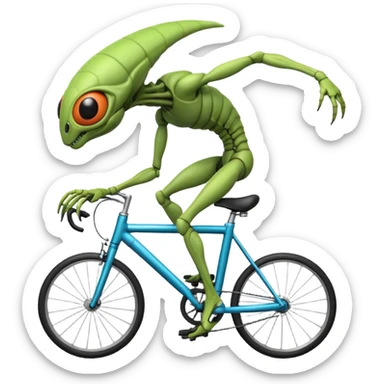 insectoid alien riding a bicycle, bug-like eyes, segmented limbs, strange but fun cycling pose, sci-fi creature vibe, 3D cartoon, mobile game icon style, clean background, no text, no watermark
 sticker