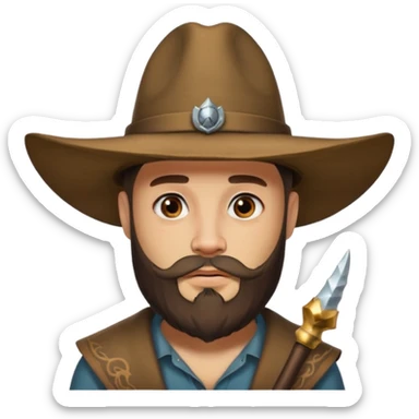 Bearded figure — large brown hat with horn, tattoo on face sticker