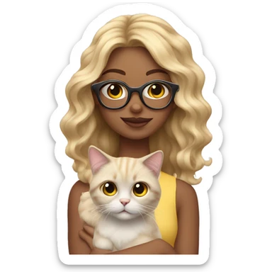 That girls vibe. Blond girl with glasses and wavy hair holding a cat sticker