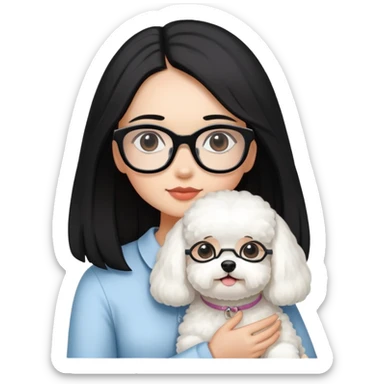 Girl with long black hair and glasses holding a white Bichon Frise dog sticker