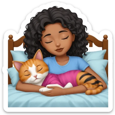 sleeping pretty black wavey hair girl in the bed, her cat is working instead of her sticker