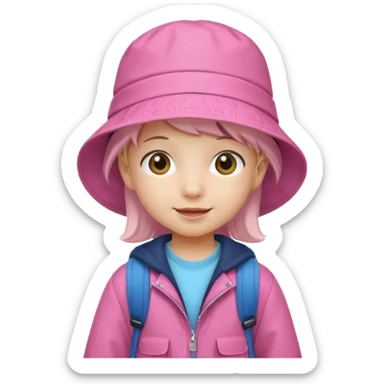Little student wears pink bucket hat and jacket, backpack, happy sticker