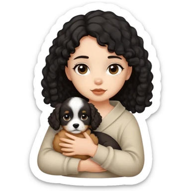 A girl with black slightly curly hair wrapped in a puppy sticker