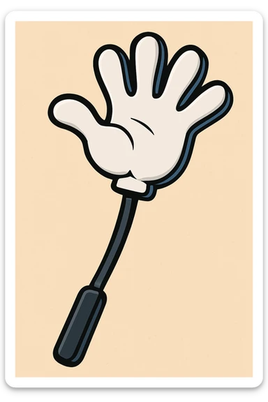 cartoon style plastic slap hand, white hand, black handle stick, black border sticker