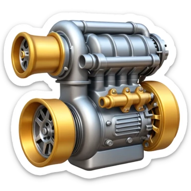 Emoji icon of a turbocharged engine with spark effects and metallic shine sticker