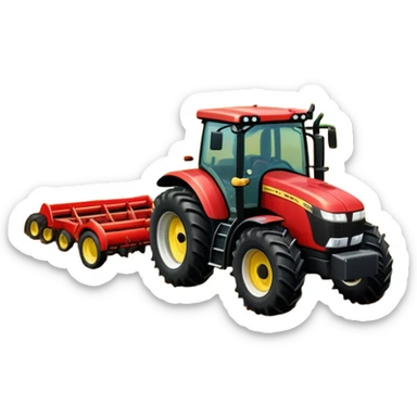 An icon representing a farming simulator, with a detailed tractor plowing fields under a bright sky with rural landscape. The design includes farming tools, crops and barns, symbolizing the immersive experience of managing a farm. Transparent background. sticker