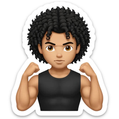 a pretty bratz guy with curly black hair with big muscles and shaggy hair in a tight black tee sticker