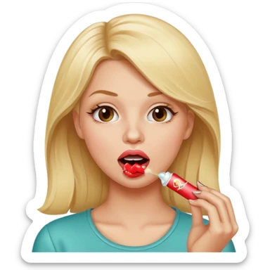 Elle fais une peu petasse, elle se mord le coin de la lèvres. Elle est blonde. Ongles vernis marrons. Elle mâche un chewing-gum  sticker