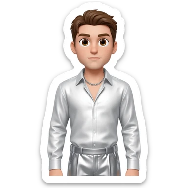 Peter Allen with brown eyes, brown hair, white metallic shirt, silver metallic baggy pants, silver necklace sticker