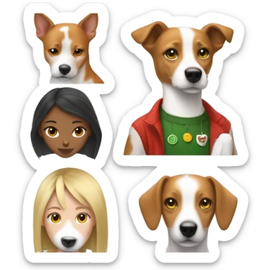 a white green eyed blonde girl and a red and white basenji dog sticker