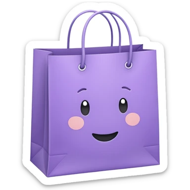 A cute emoji-style illustration of a purple paper shopping bag, pastel purple color, rounded shape, simple clean lines, kawaii style, soft shading, minimal details, centered composition, transparent background sticker