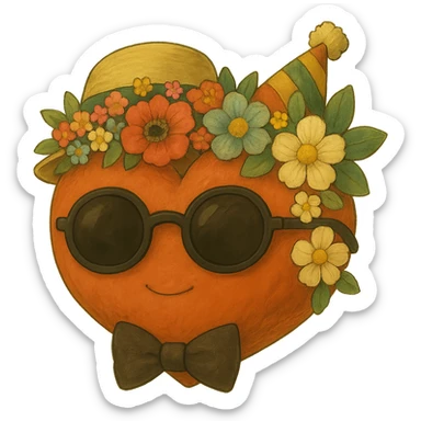 Add a crown of colorful flowers to the orange heart, keeping the soft and painterly ghibli style with no background. sticker