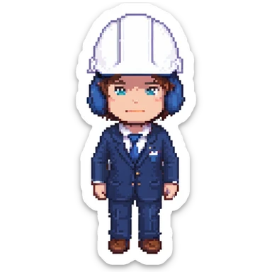 a man in a strict dark blue suit, wearing a white construction helmet on his head sticker