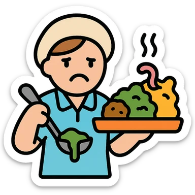 lunch lady serving unappetizing, gross cafeteria food icon with color and black outlines sticker