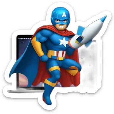superhero with a rocket emblem sitting in front of his MacBook also with a rocket instead of an apple as the logo sticker