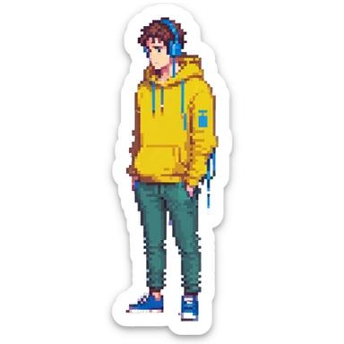 head-to-toe man, yellow hoodie, earbuds, suspicious face, stylized body, standing pose sticker