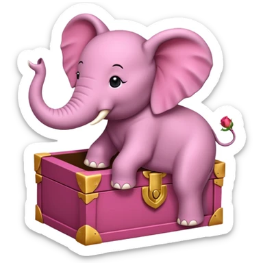 Une boite à trésor ouverte, avec un éléphant rose qui sort sa tête sticker