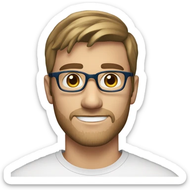 A 27 year old, caucasian man, with short brown hair, with stubble facial hair,  wearing glasses with blue eyes wearing a t-shirt. sticker