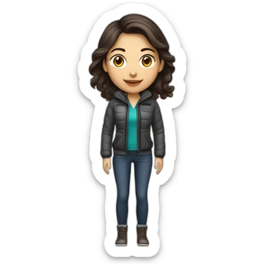 white female data science engineer with dark brown hair in a tech startup wearing a clothing uitable for colder climate sticker
