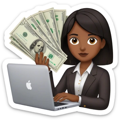 dark-haired person with a laptop and some bills, with money  sticker