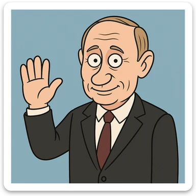 Putin waving, friendly cartoon style, blue background sticker