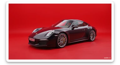 Medium shot of a porsche 911, body of car made of russian capret, red solid studio background, low keu light, top soft light, dutch angle,  captured by ARRI 65 sticker