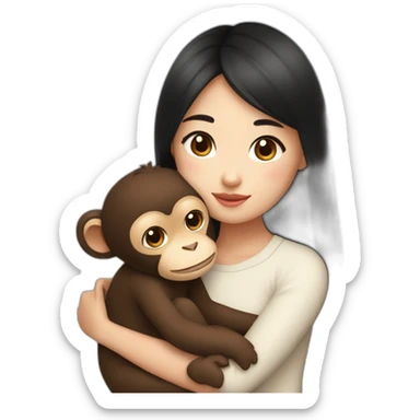 Asian girl with brown eyes and black hair and cute top cuddling a brown lovely monkey sticker