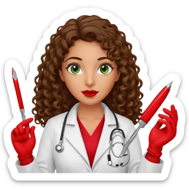Spanish sexy evil woman. She has green eyes.  had brown long curly hair.  evil surgeon kills with scalpel wears red sexy doctor coat with red long mouth cover red gloves.  sticker