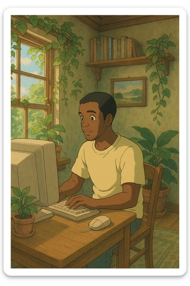 A black man using a computer in a Ghibli-inspired room, lush details, soft color palette, peaceful mood. sticker
