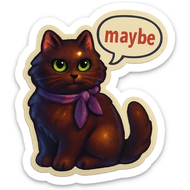 Fluffy dark-brown cat with green eyes and a purple scarf saying ‘maybe’ (with a speech bubble) sticker