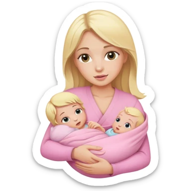 Blonde girl holding a new born baby while the baby is wrapped in pink. sticker