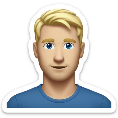 A head and shoulders shot of a 33 year old white man, with short blonde hair,   with blue eyes wearing a t-shirt. sticker