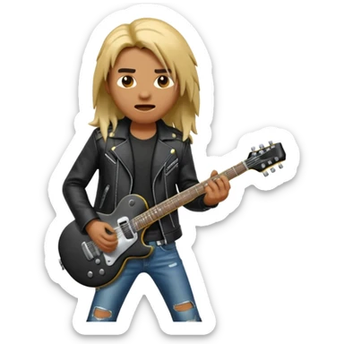 3D Apple-style emoji of a metal musician. Long hair, black leather jacket, ripped jeans, holding an electric guitar. Intense expression, glossy, rounded, smooth, soft shadows, white background.










 sticker