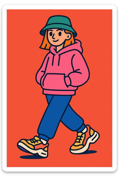 dressed up woman in a cool Gen Z look, oversized hoodie, chunky sneakers, bucket hat, playful vibe sticker