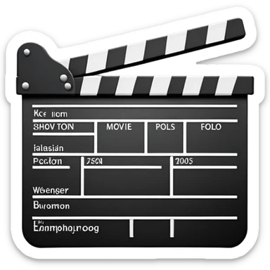 Flat design movie clapperboard with subtle shadow, black and white with minimal stripes, clean iOS emoji style sticker
