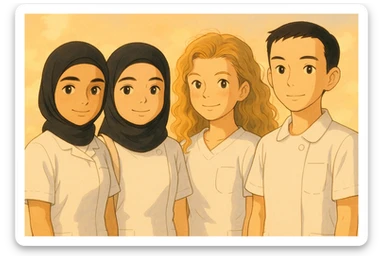 Illustration style Ghibli of four nursing students standing side by side in a warm atmosphere. They wear short-sleeved white uniforms without undershirts or stethoscopes. The background is soft and luminous. Each student is inspired by the four provided faces in the reference images. sticker