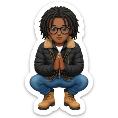 African American man brown skin complexion with black dreadlocks shoulder length wearing black bubble winter coat wearing black sunglasses with denim skinny jeans and timberland boots kneeling on one knee in prayer sticker