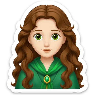 Juno from The Olympians with long brown wavy hair, green stola sticker